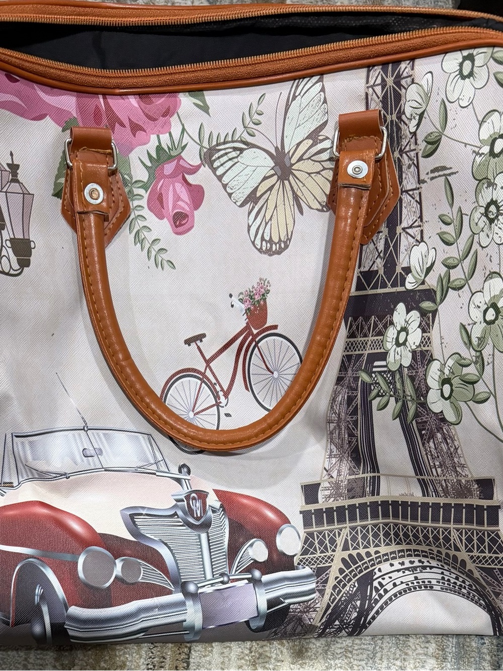 Canvas Paris Print Tote Bag with Brown Handles